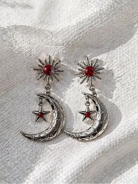 Silver Crescent Moon & Star Drop Earrings with Red Gem Accents